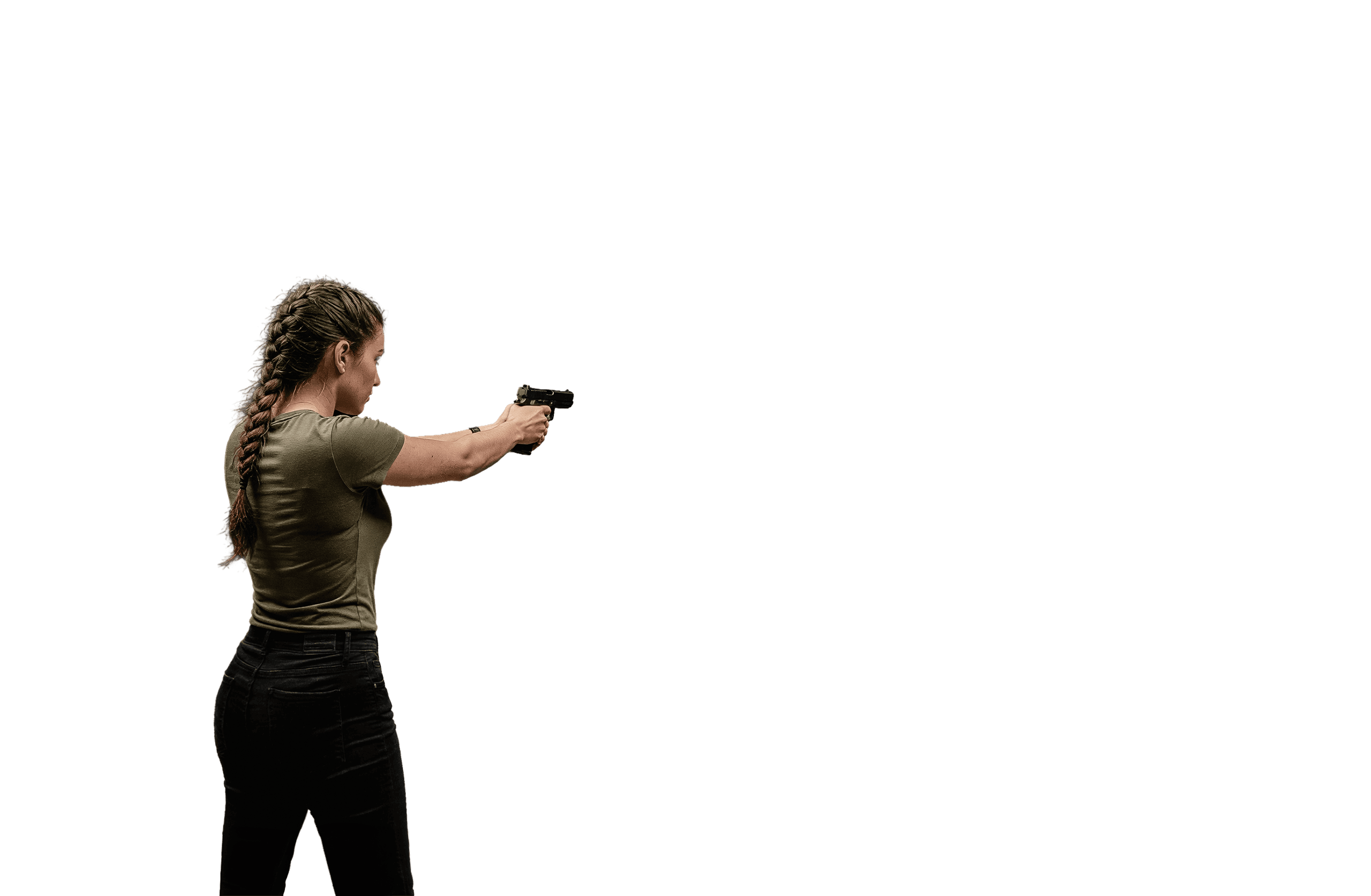 A student in a two-handed pistol stance training at The Barrax in Nashville